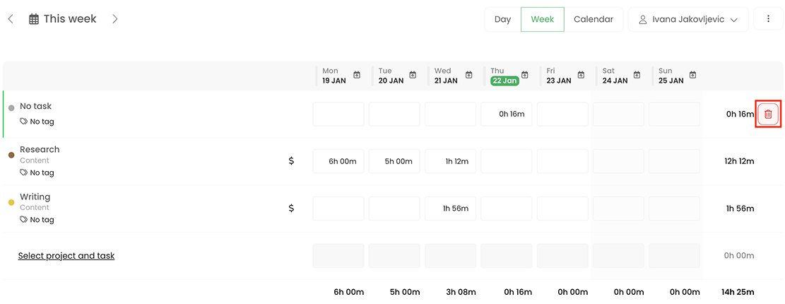 Click the trash can icon to delete a timesheet row