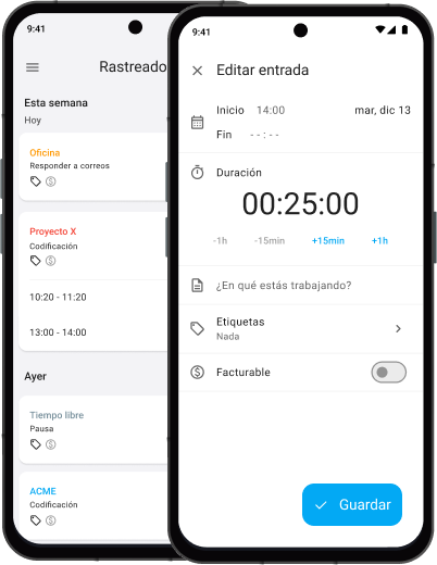 Aplicación de rastreo de tiempo móvil Clockify para Android y iOS.