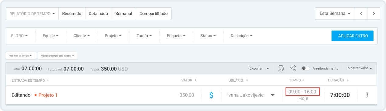 Relatório detalhado do Clockify