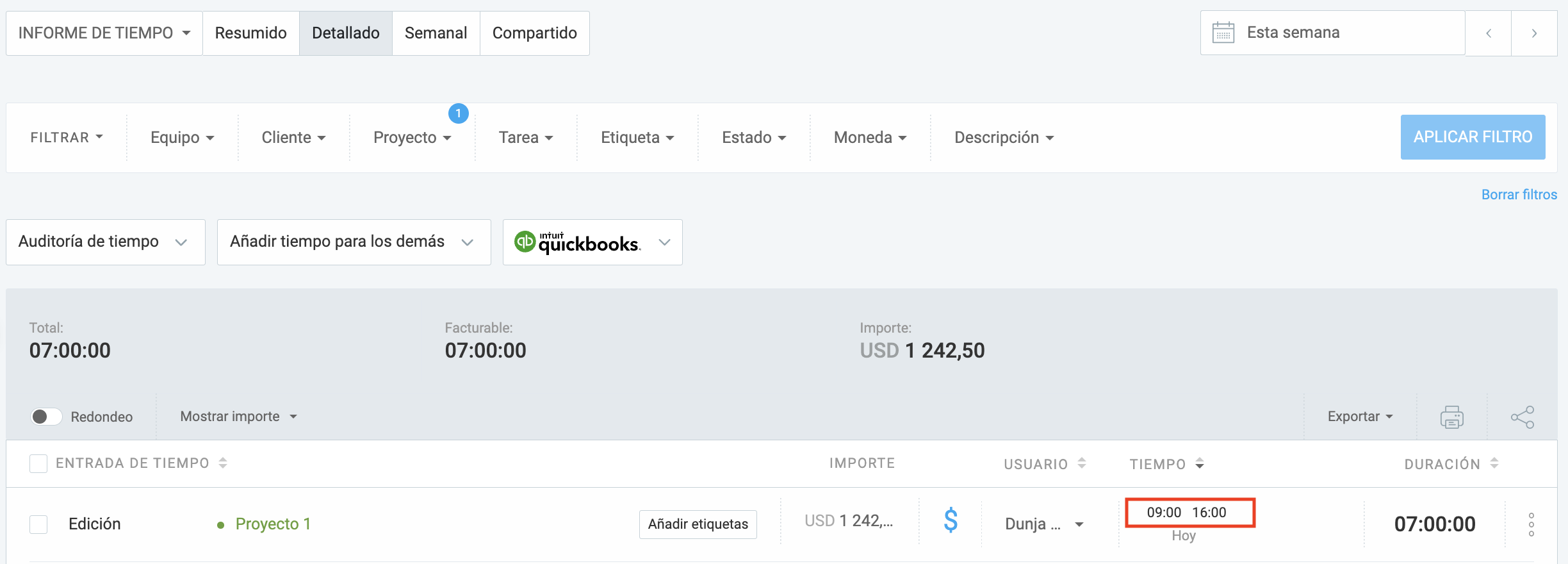 Informe detallado de Clockify