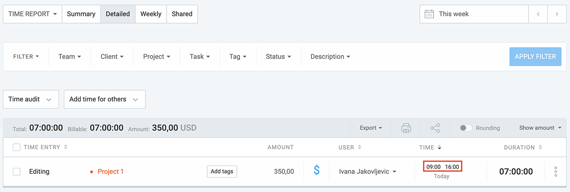 Clockify&rsquo;s detailed report