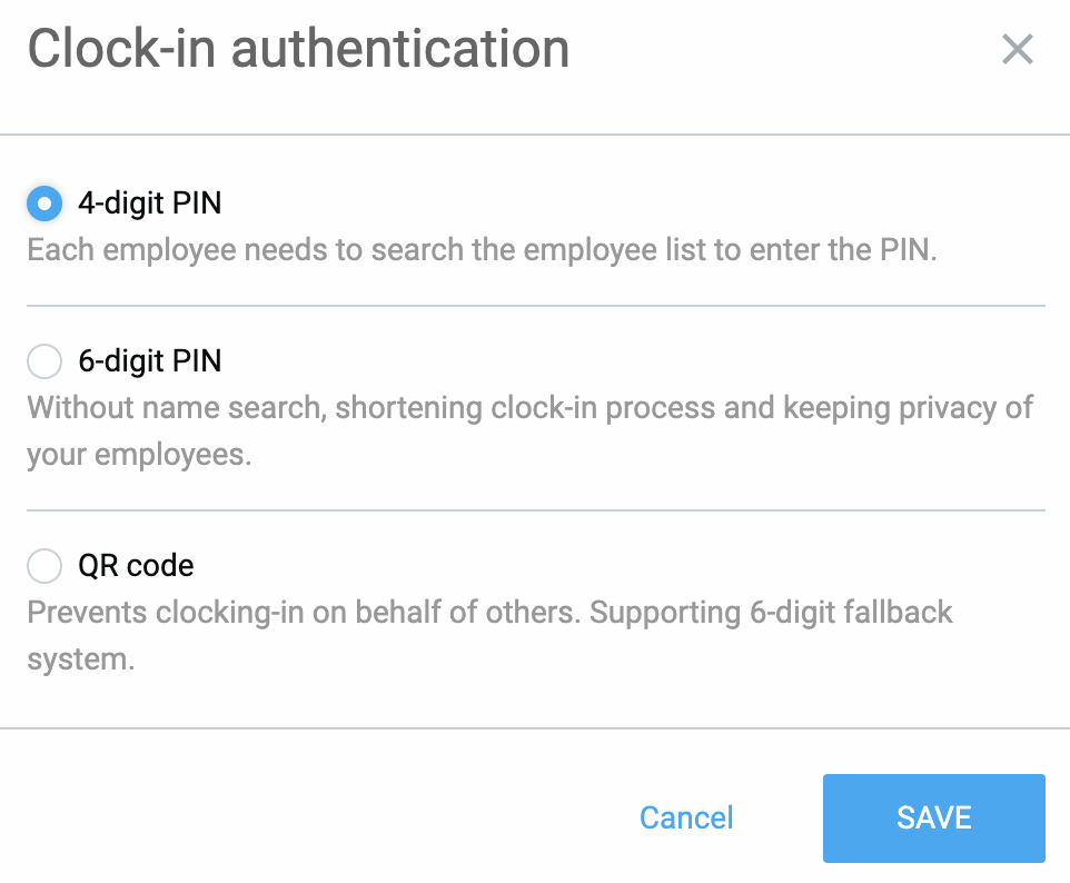 Clockify provides several authentication methods for the kiosk