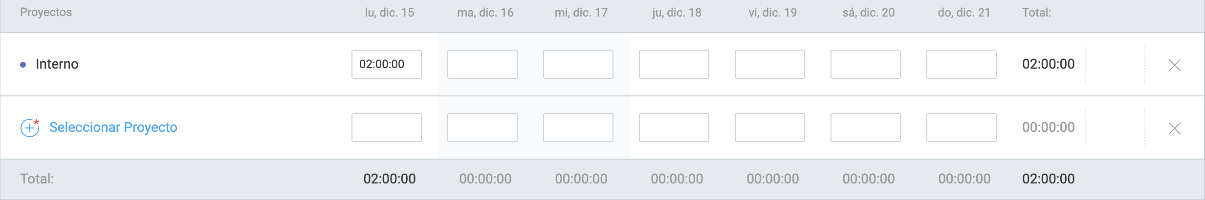 Planilla de horarios de Clockify
