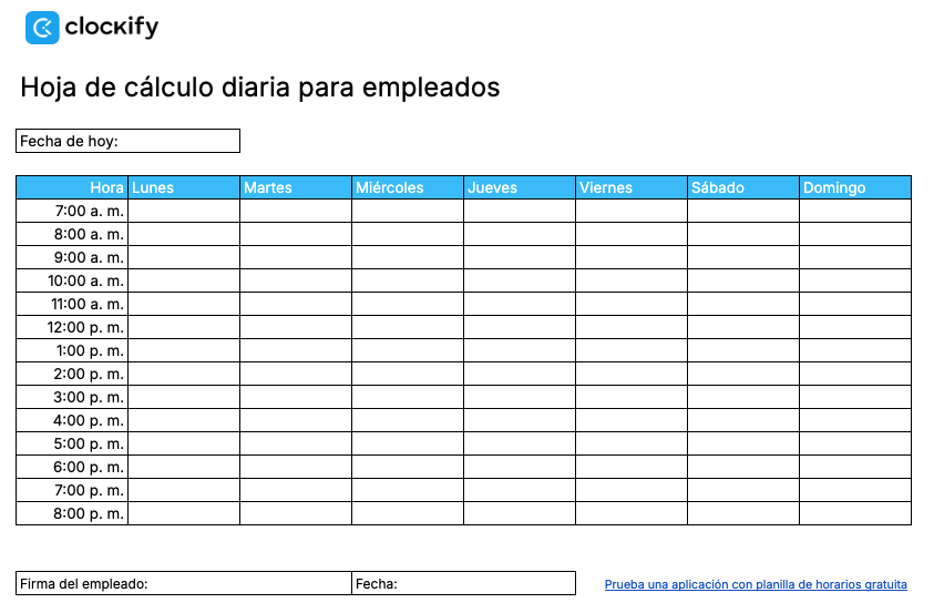 Planilla de horarios diaria para empleados