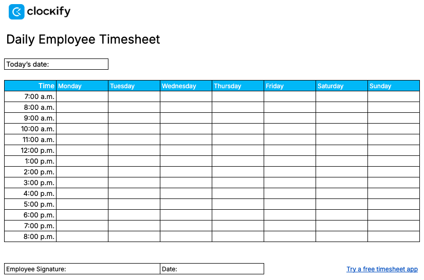 Daily employee timesheet