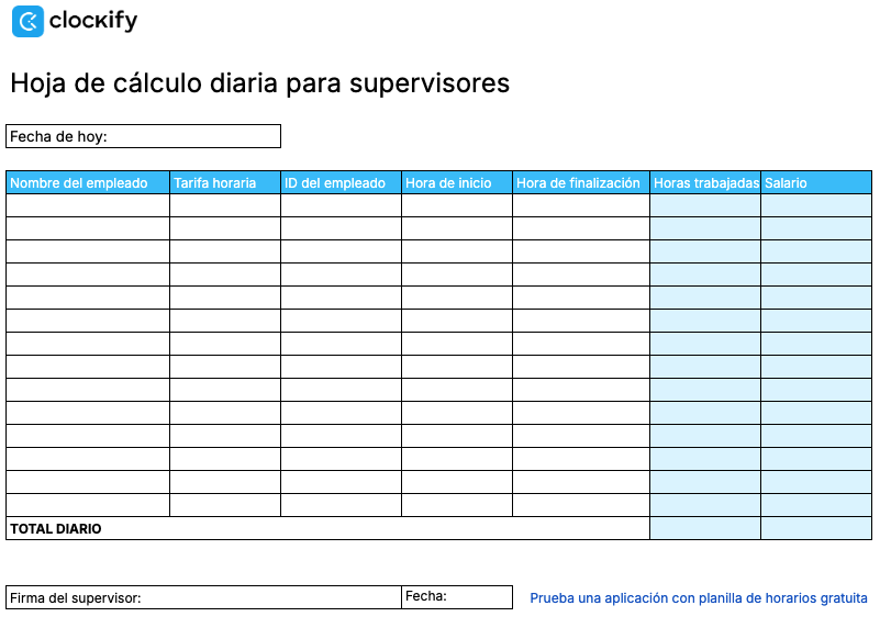 Planilla de horarios diaria para supervisores