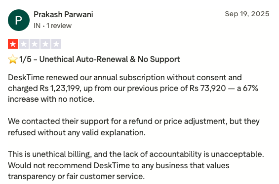 DeskTime user review on Trustpilot