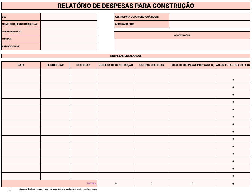 Visualização do modelo de relatório de despesas para construção