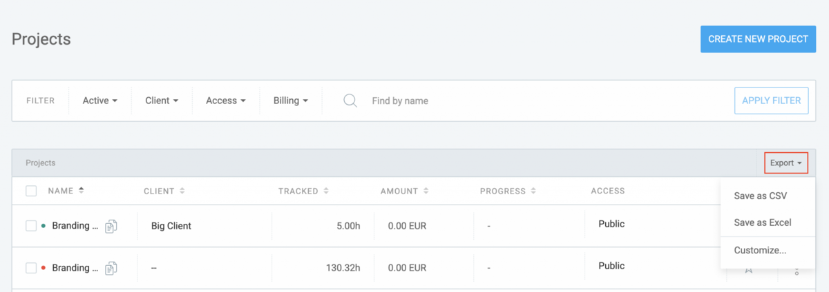Export projects in CSV and/or Excel formats