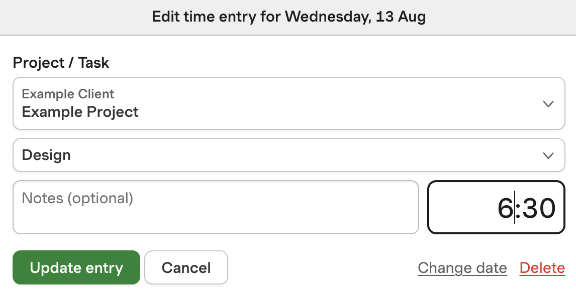 harvest editing a time entry