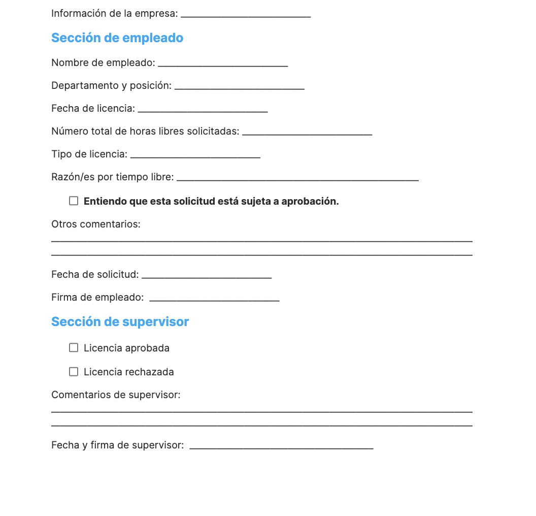 Captura de pantalla de formulario básico de solicitud de tiempo libre