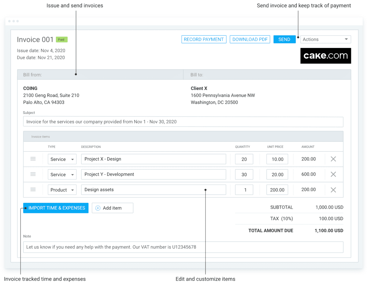 Clockify's invoicing feature