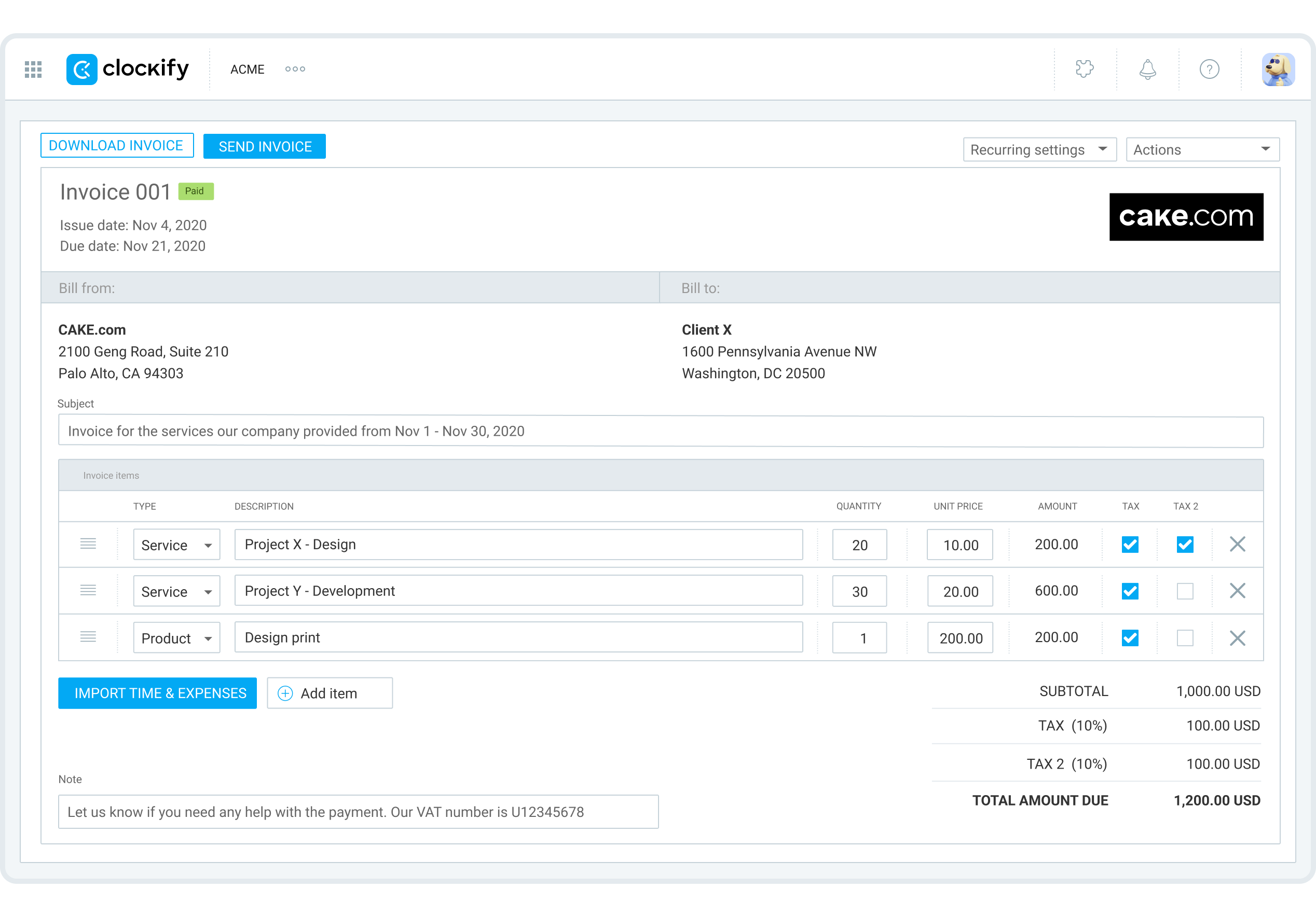 Invoice generated in Clockify