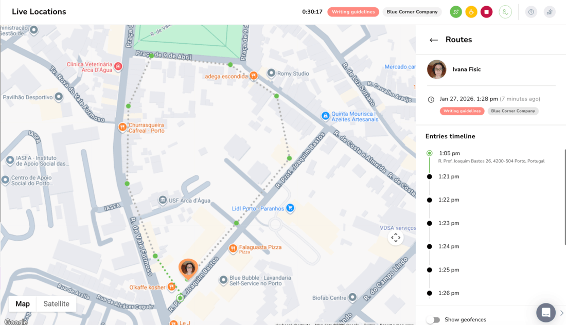 Live location tracks routes taken since clocking in