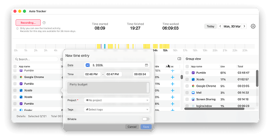 Converting recorded activities to time entries in Clockify