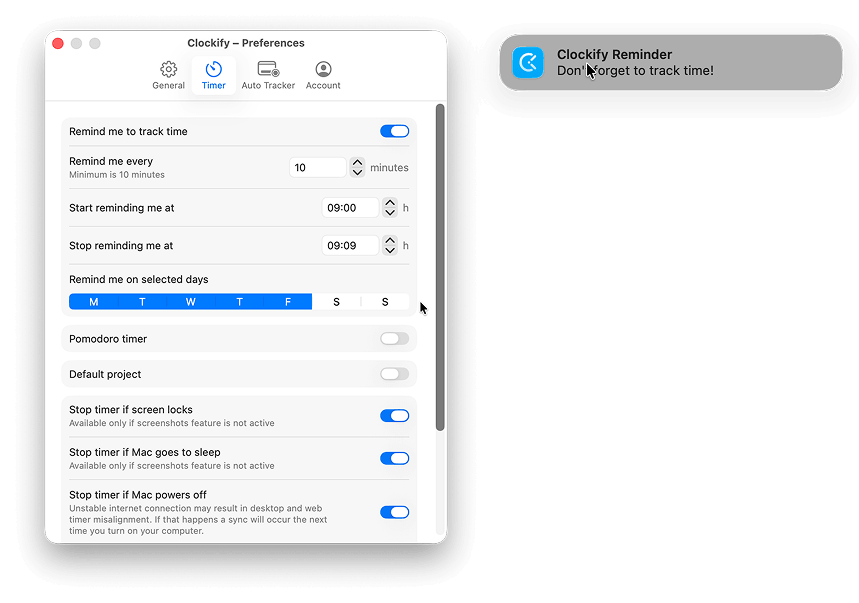 Turn on time tracking reminders in Preferences