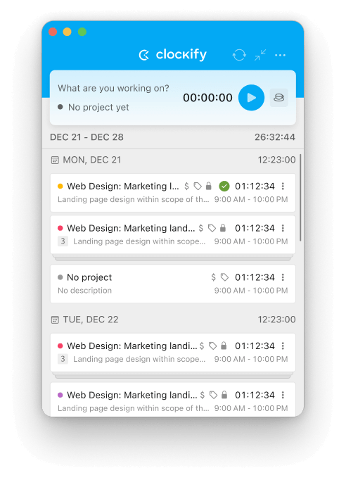 Mac time tracking app screenshot of timer