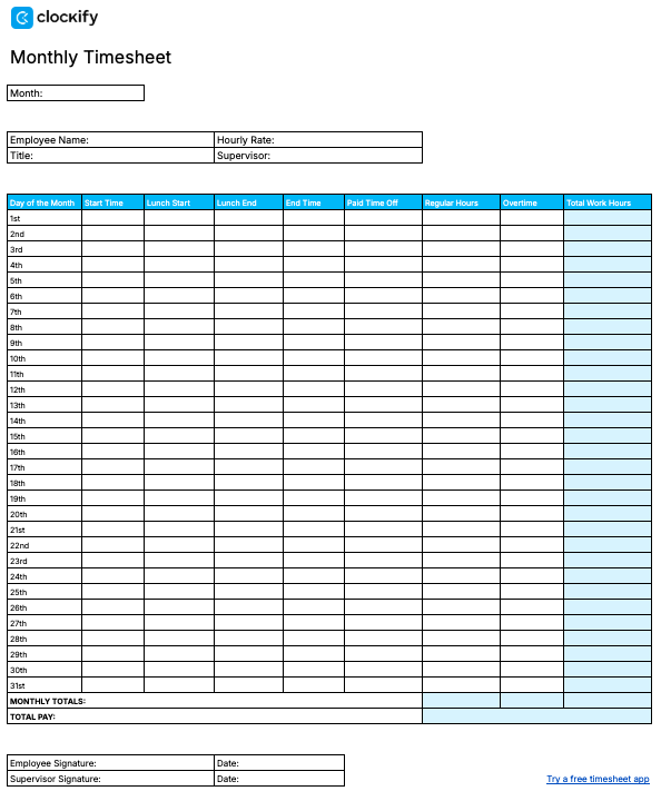 Monthly timesheet