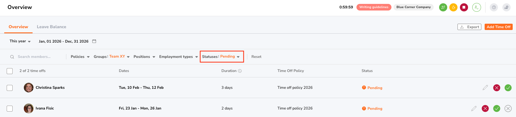 Pending requests for time off
