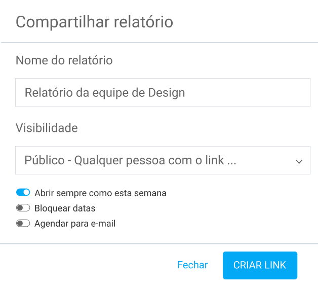Relatório compartilhado no Clockify