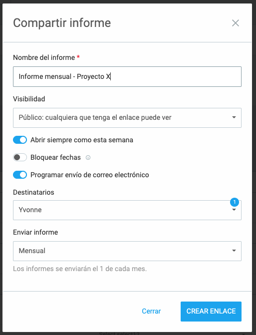 Comparte informes en Clockify