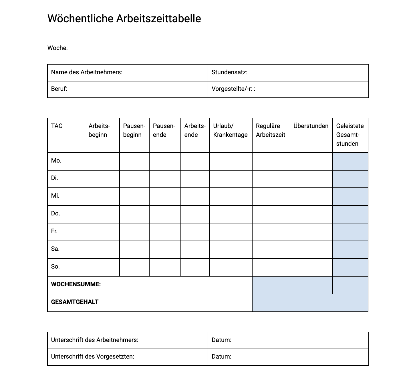 Printable time card template