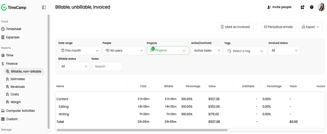 TimeCamp&rsquo;s billable and non-billable hours report