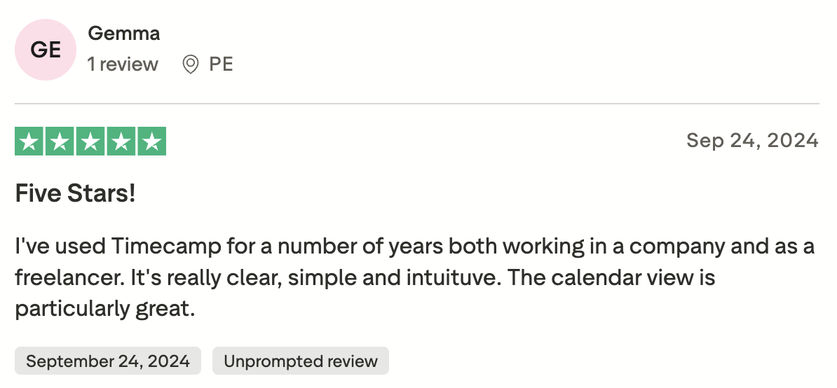 TimeCamp user review on Trustpilot
