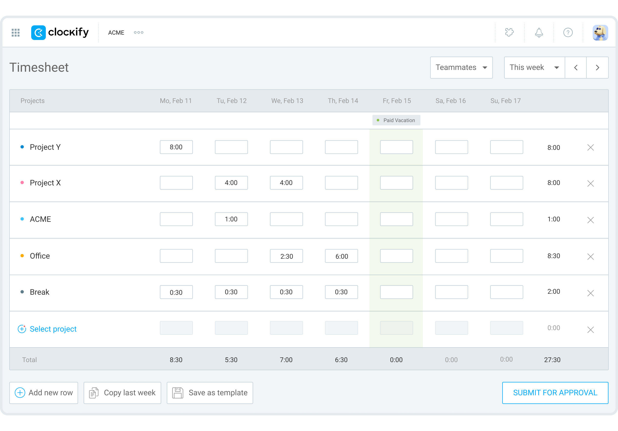 timesheets in Clockify