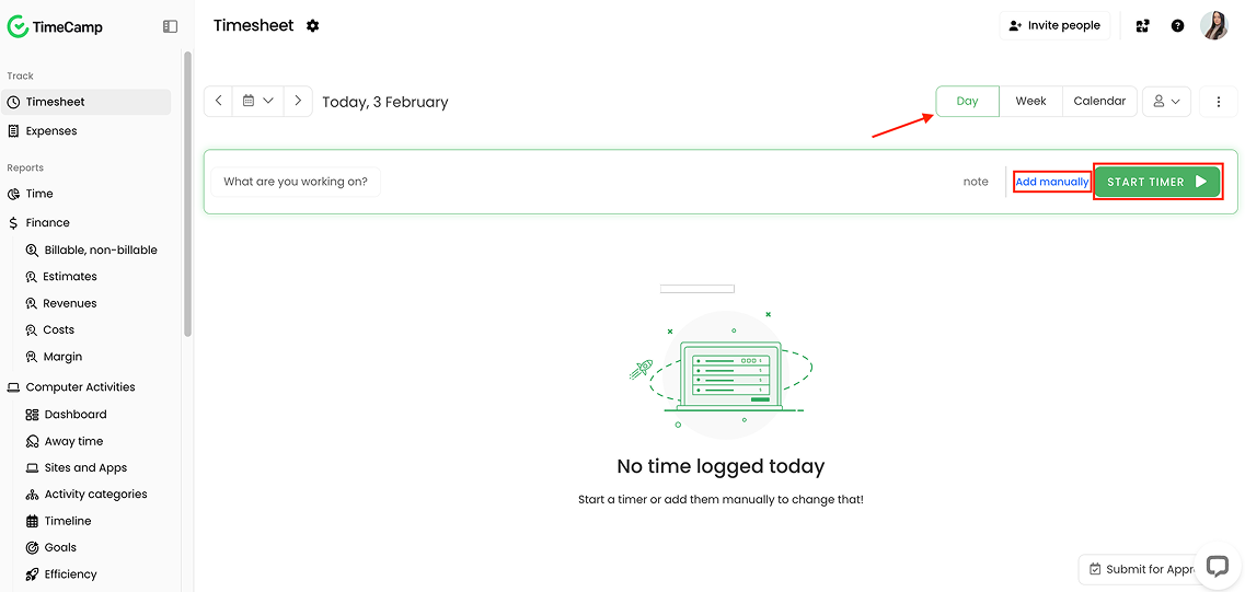 Timesheet daily view in TimeCamp