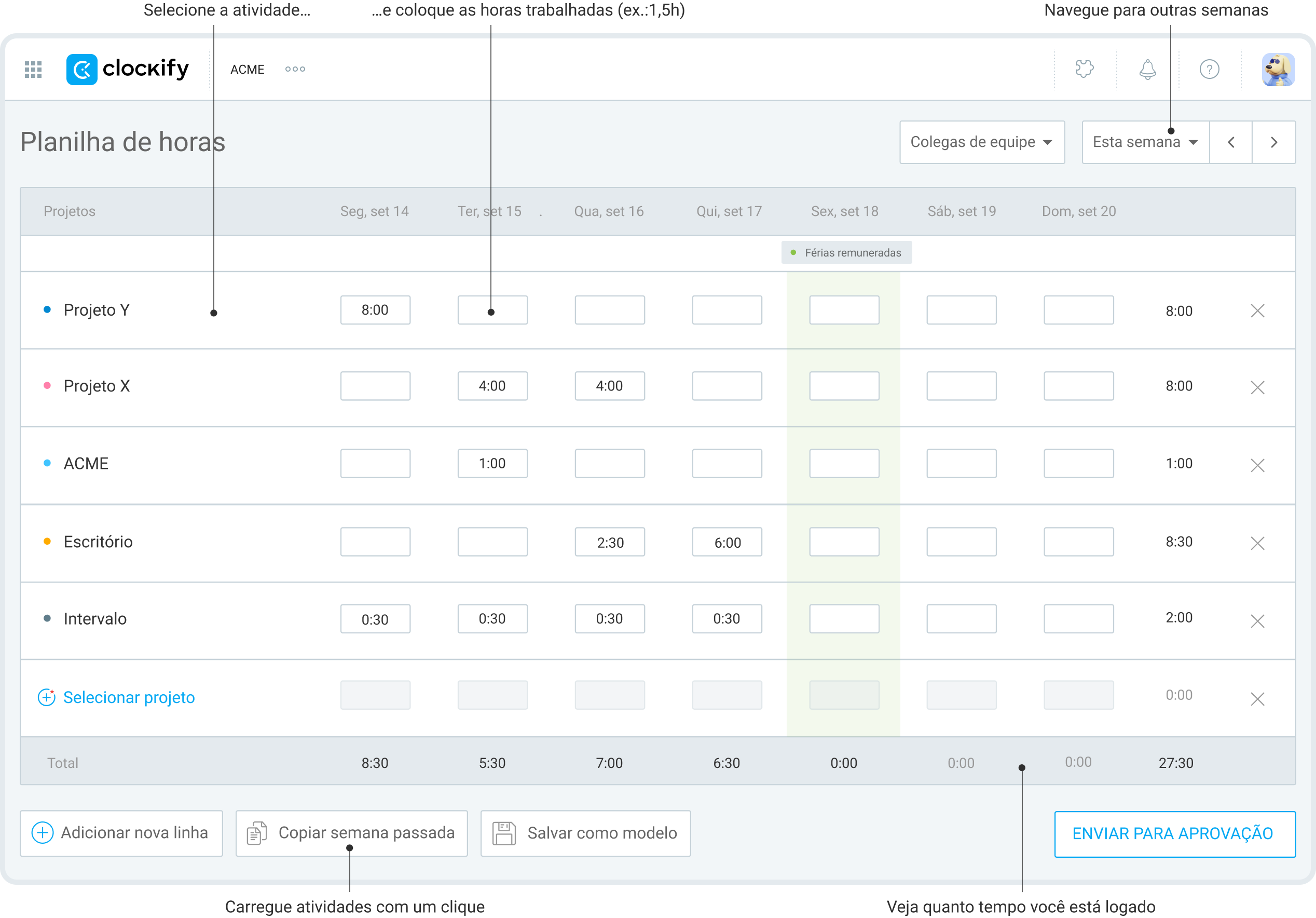 Planilha de horas no Clockify