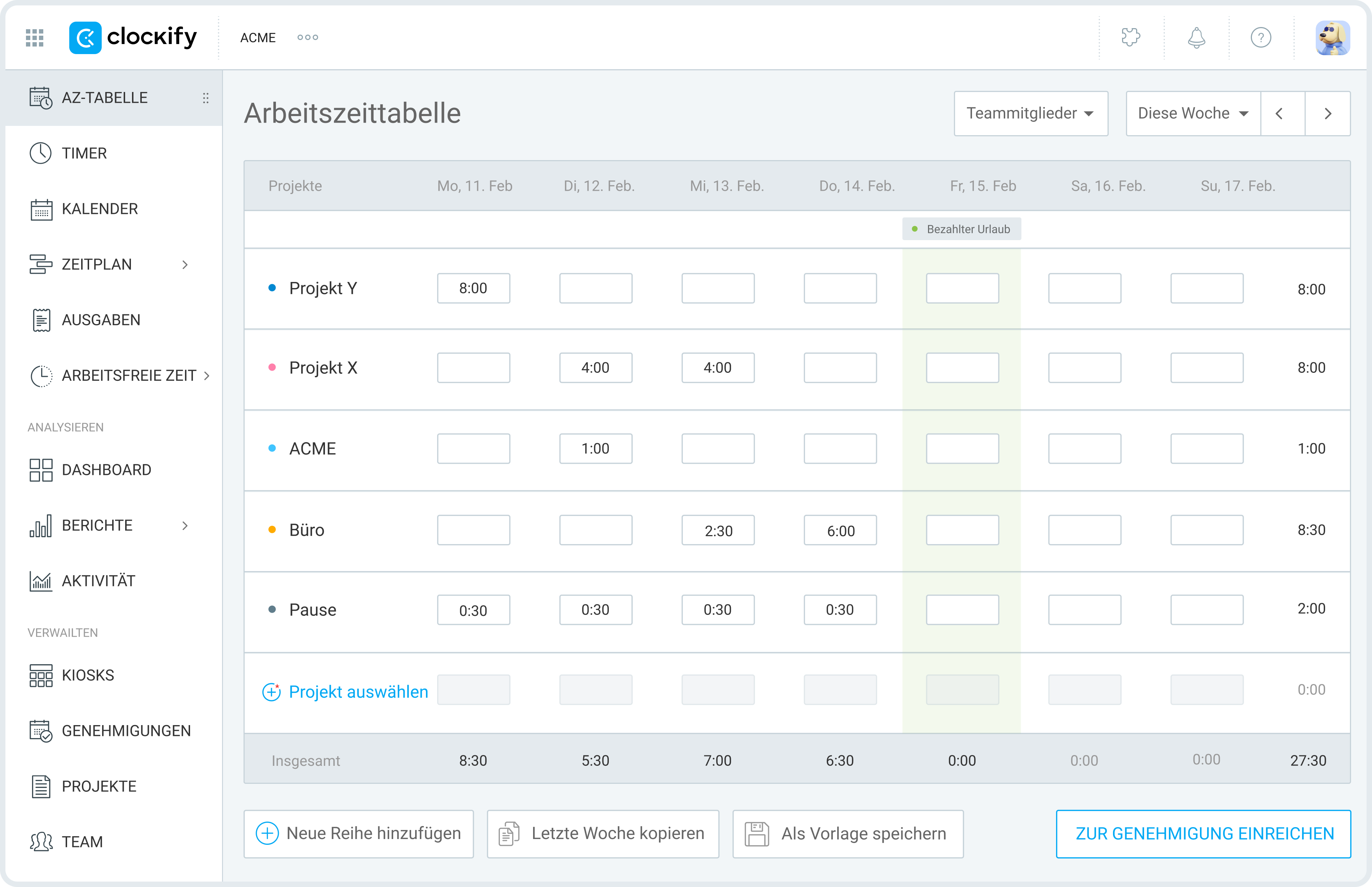 Free construction time tracking app Clockify screenshot