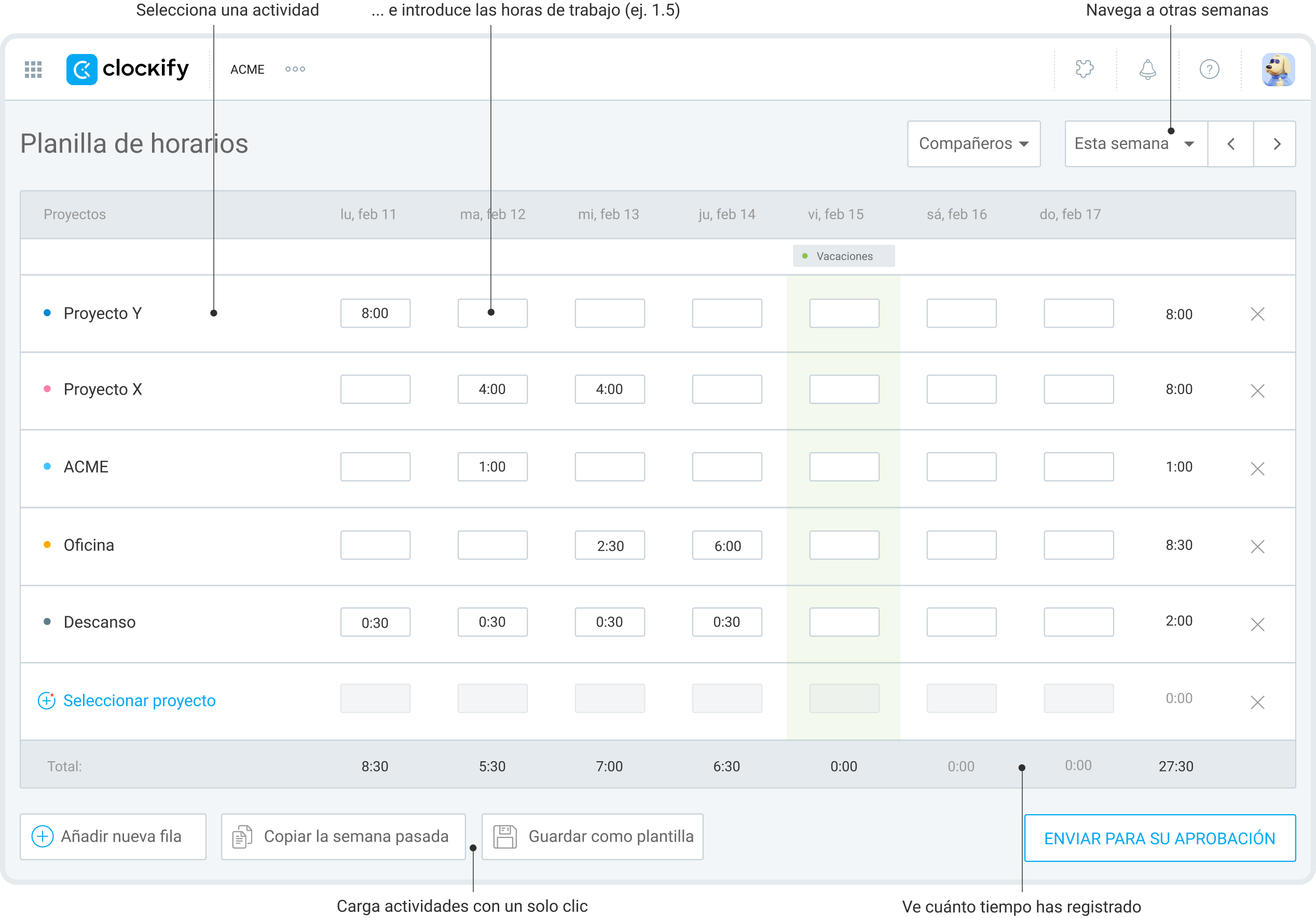 Software de planilla de horarios, captura de pantalla