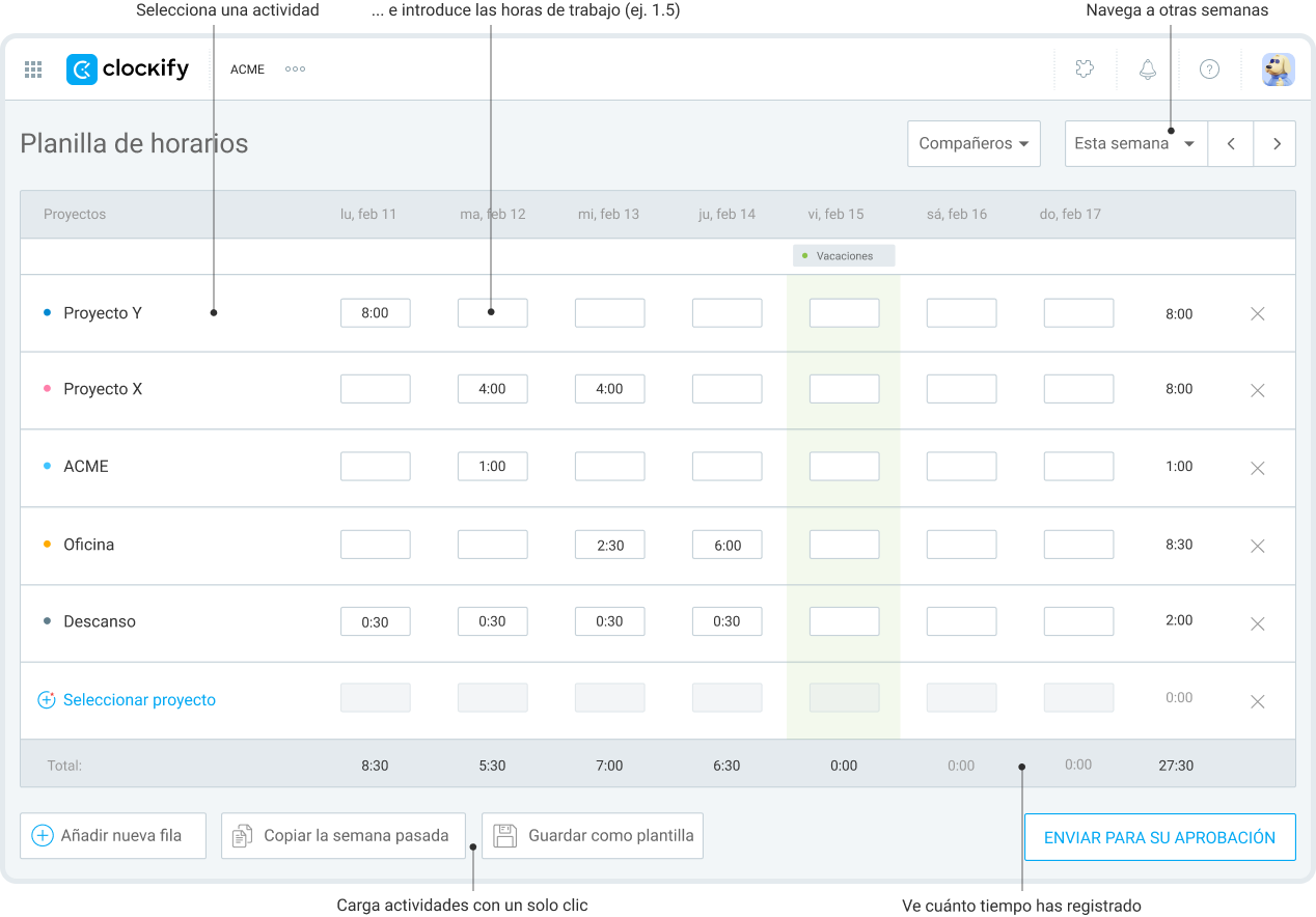 Revisa proyectos registrados en la planilla de horarios en Clockify