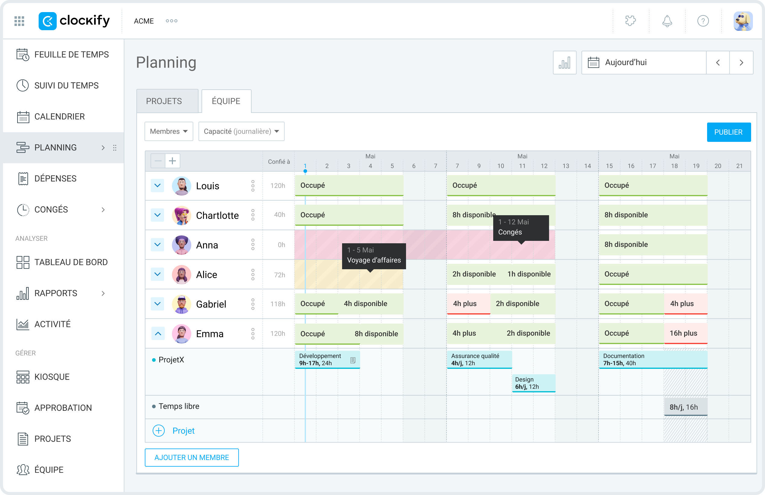 Planification des tâches dans Clockify