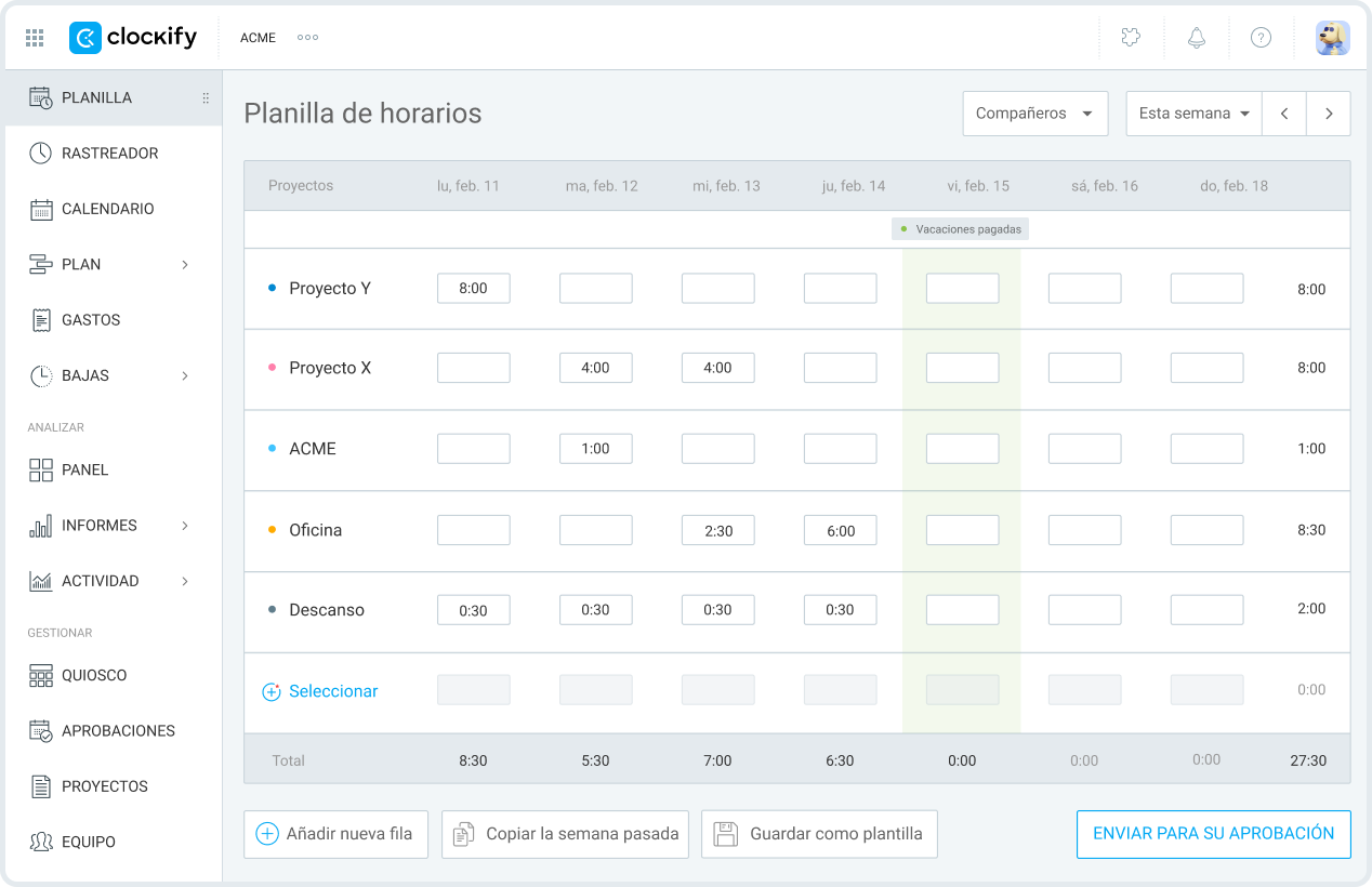 Planilla de horarios