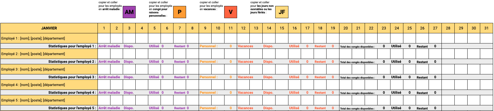 Modèle visuel de suivi annuel des vacances, des arrêts maladie et des congés pour raisons personnelles