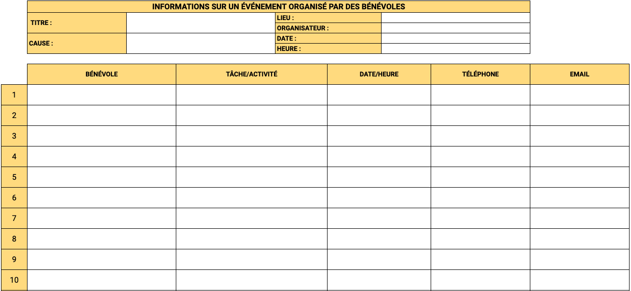 Modèle d'inscription pour les bénévoles