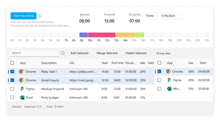 Windows time tracking app screenshot of auto tracker