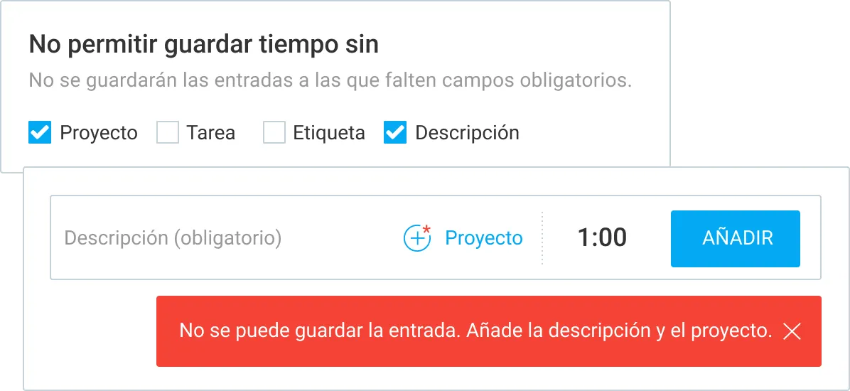 Clockify no guardará las entradas de tiempo sin campos obligatorios