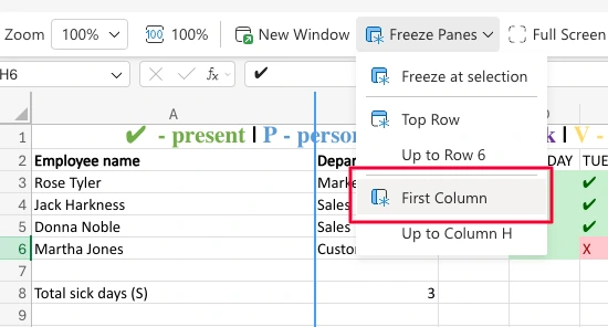 Freeze your header row and employee column