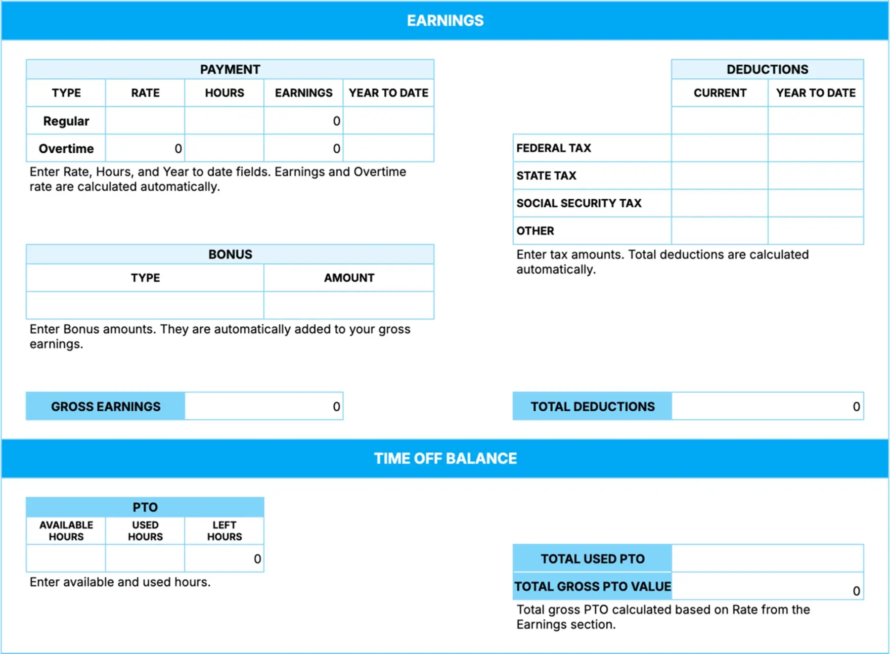 Pay Stub Template With PTO and Overtime + Calculator