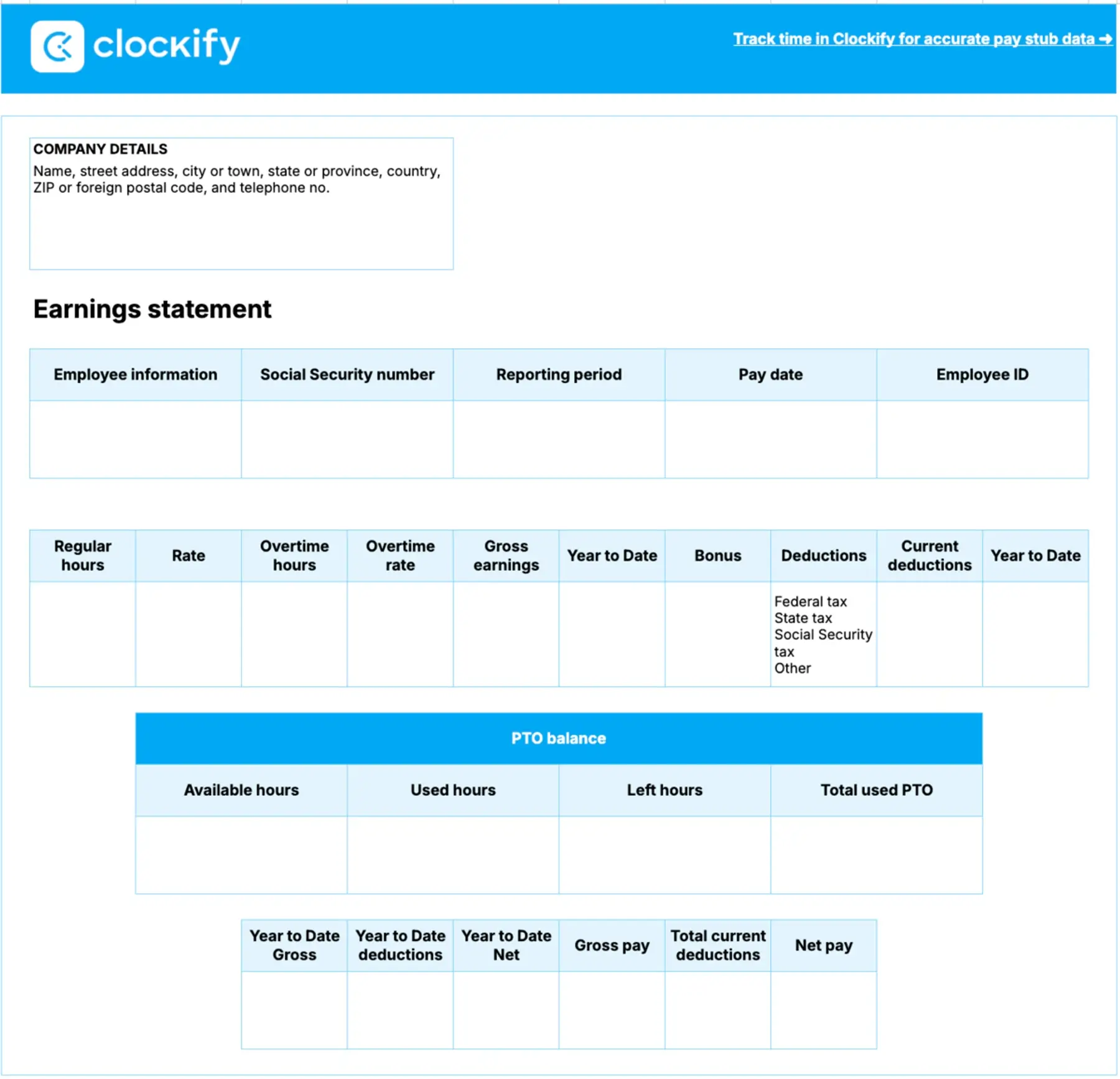 Pay Stub Template With PTO and Overtime