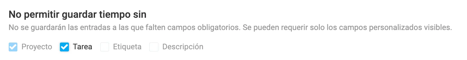 Campos obligatorios en Clockify