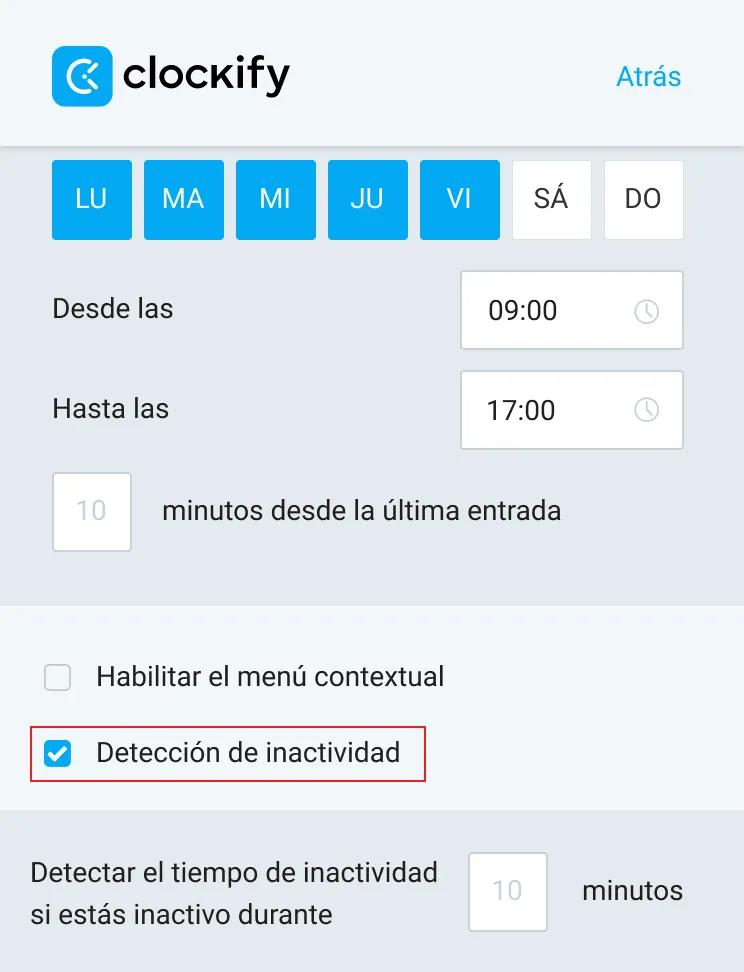 Establece el límite de inactividad, después el cual Clockify contará los minutos de inactividad