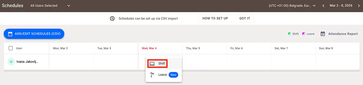 The shift option in Time Doctor