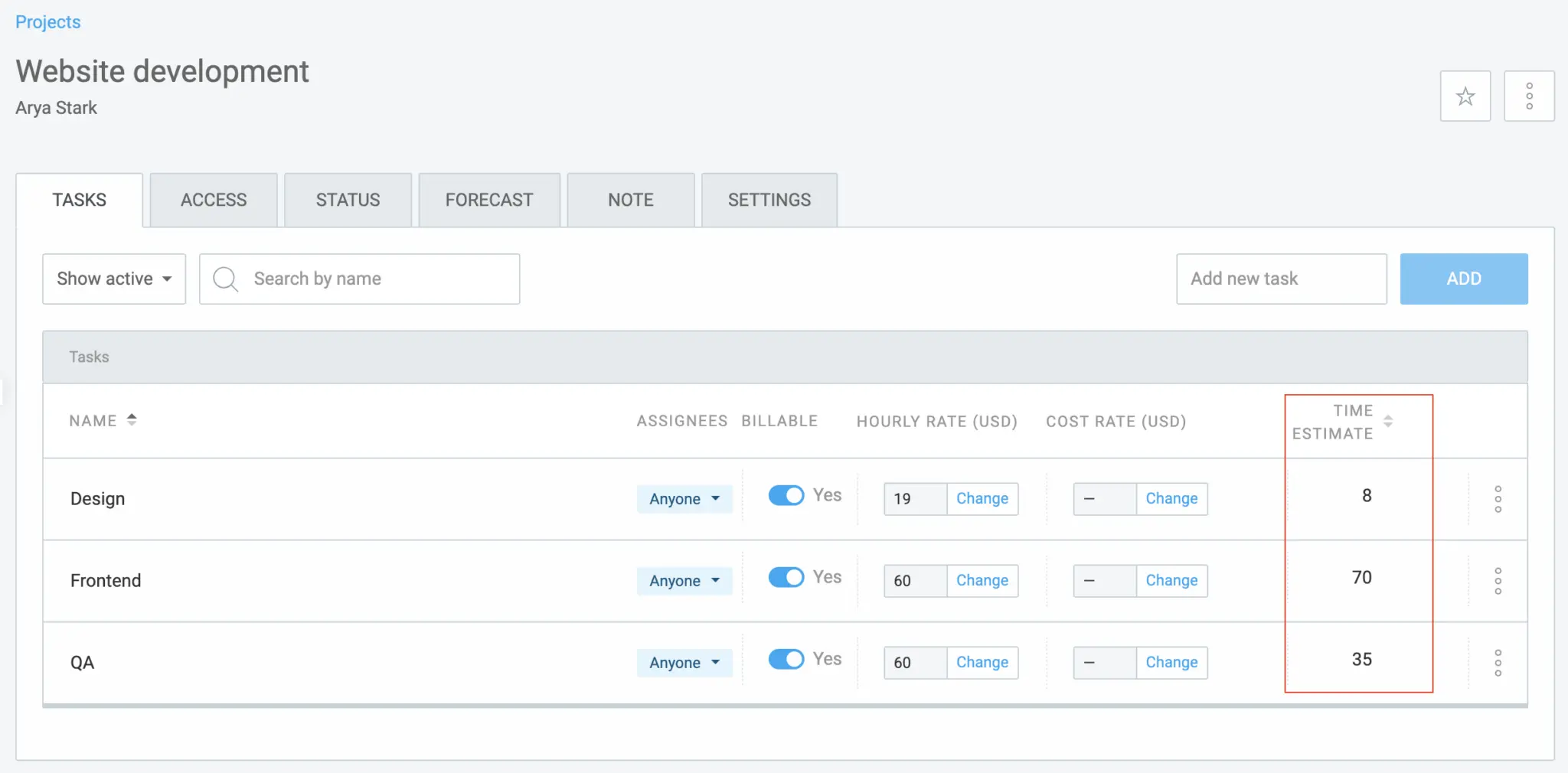 Time estimate in Clockify Projects